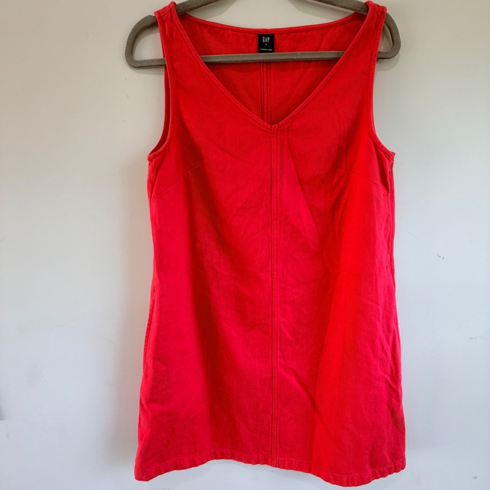 GAP Denim Mini Dress Womens Size S Red Ultrasoft Cotton Lyocell Pockets Minimal